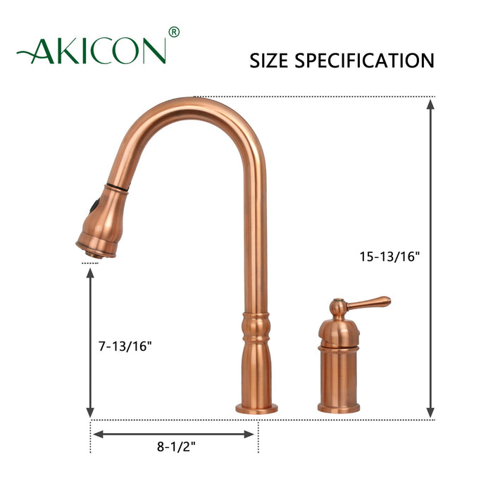 Copper Kitchen Faucet with in-Deck Handle and Soap Dispenser, Single Handle Solid Brass High Arc Pull Down Sprayer Head Kitchen Sink Faucet