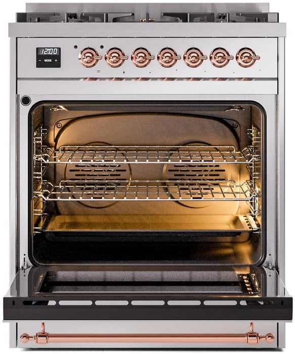 ILVE Nostalgie II 30" Dual Fuel Natural Gas Range, Stainless Steel, Copper Trim UP30NMPSSP ILVE