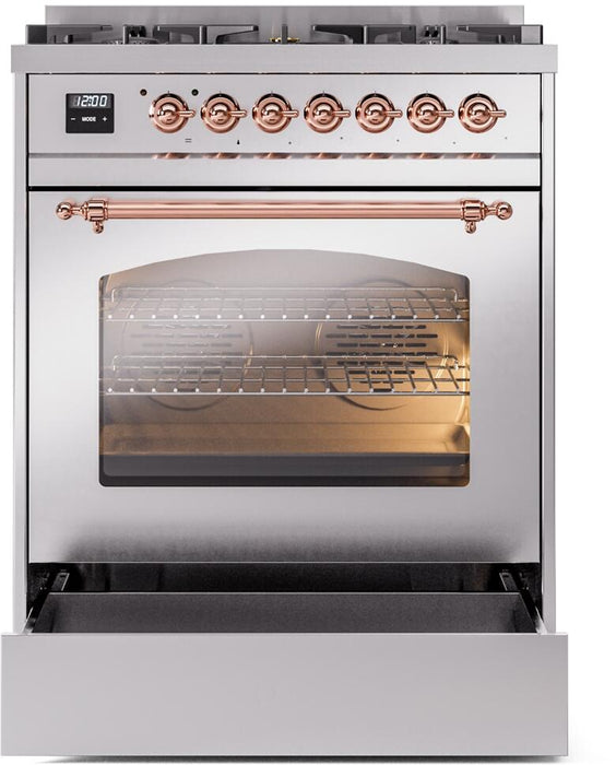 ILVE Nostalgie II 30" Dual Fuel Natural Gas Range, Stainless Steel, Copper Trim UP30NMPSSP ILVE