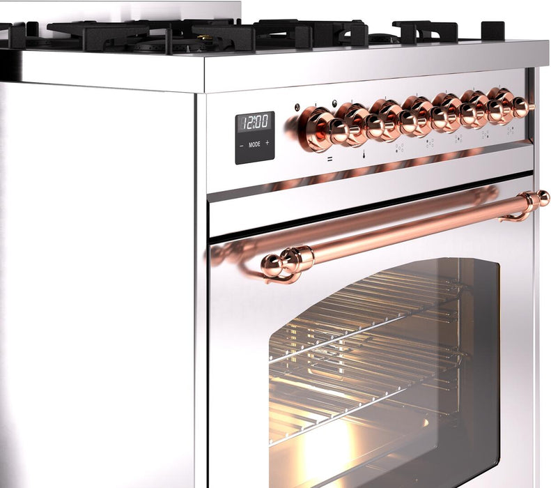 ILVE Nostalgie II 30" Dual Fuel Natural Gas Range, Stainless Steel, Copper Trim UP30NMPSSP ILVE