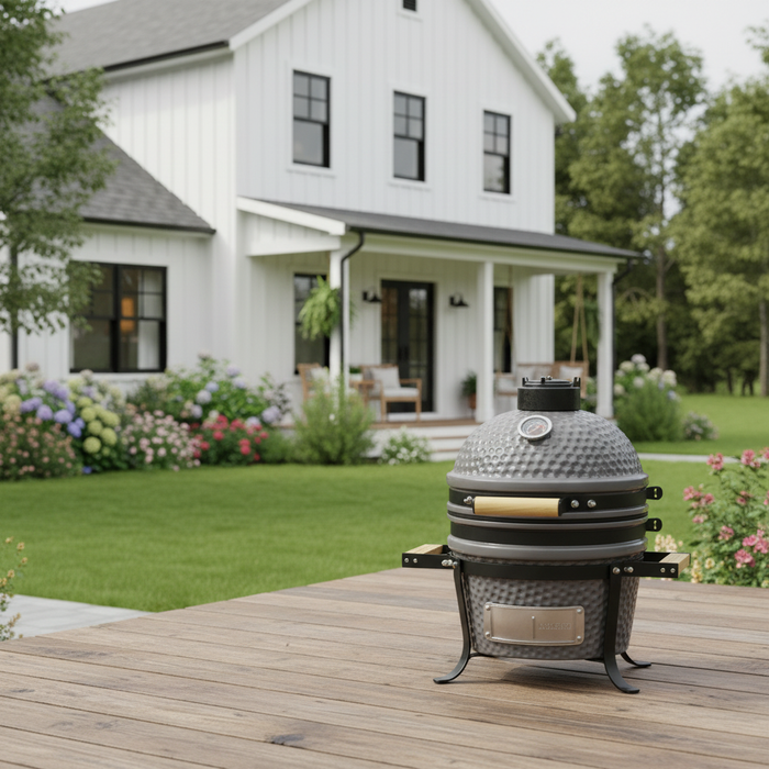 9.8-in W Kamado Charcoal BBQ Grill – Heavy Duty Ceramic Barbecue Smoker and Roaster with Built-in Thermometer and Stainless Steel Grate