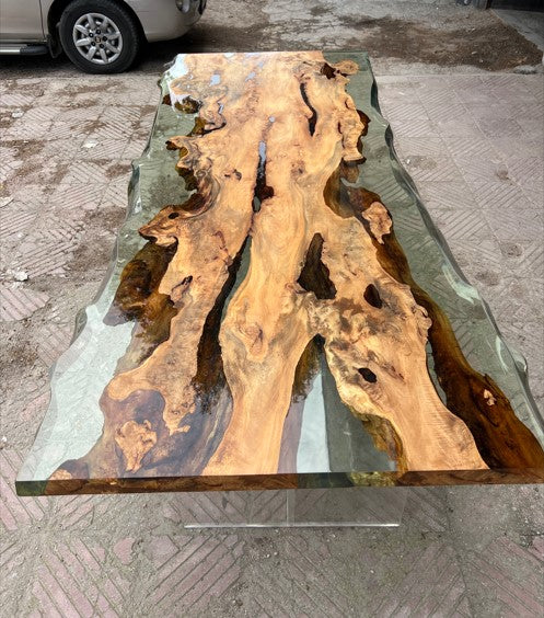 Solid Linden Wood Natural Look Epoxy Resin Side Dining Table