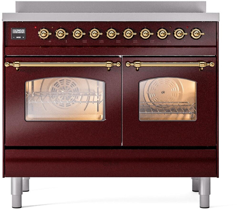 ILVE Nostalgie II 40" Electric Range, Burgundy, Brass Trim  UPDI406NMPBUG ILVE