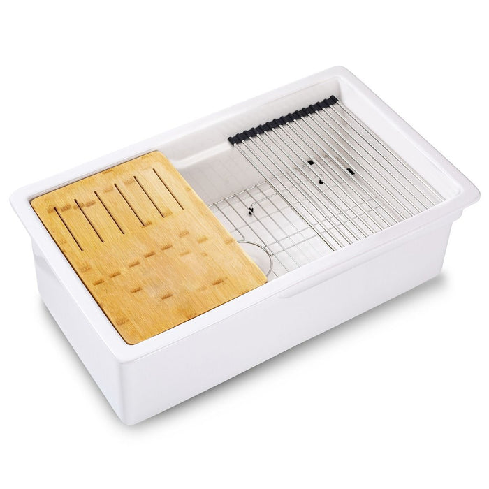 ALFI brand White 32" Workstation Step Rim Single Bowl Fireclay Undermount / Drop In Kitchen Sink ABFS3219SUD-W