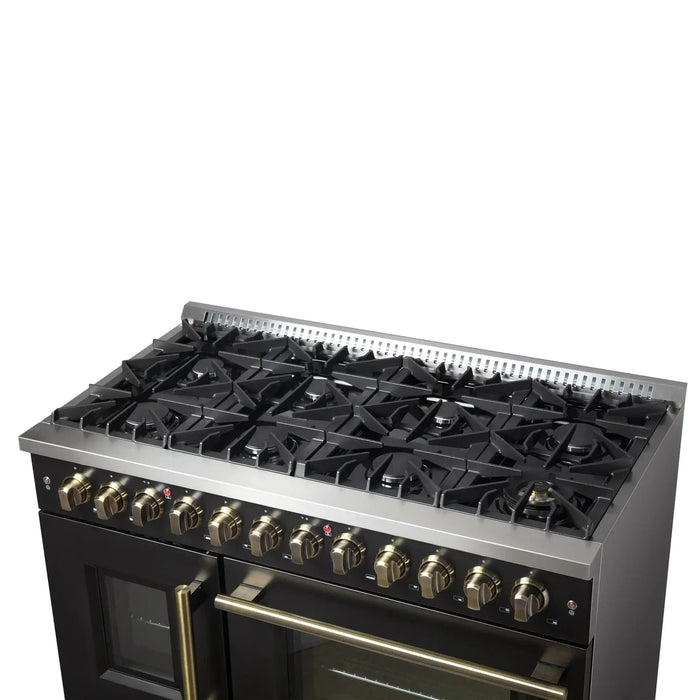 Forno Galiano 48" French Door Dual Fuel Range, 8 Burners, Electric Convection Oven, Black Antique Brass Trim, FFSGS6356-48BLK