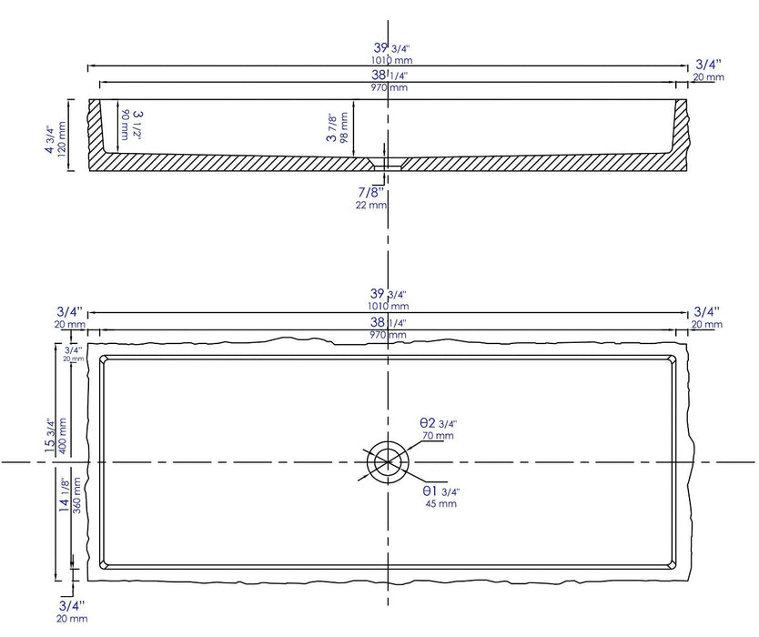 ALFI brand 39" Solid Concrete Gray Matte Trough Sink for the Bathroom ABCO39TR