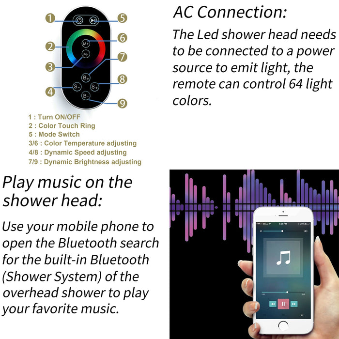 12-Inch Brushed Gold Flush Mount Shower Faucet Set: 4-Way Thermostatic Control, 64-Color LED Lights, Bluetooth Music, and Regular Head