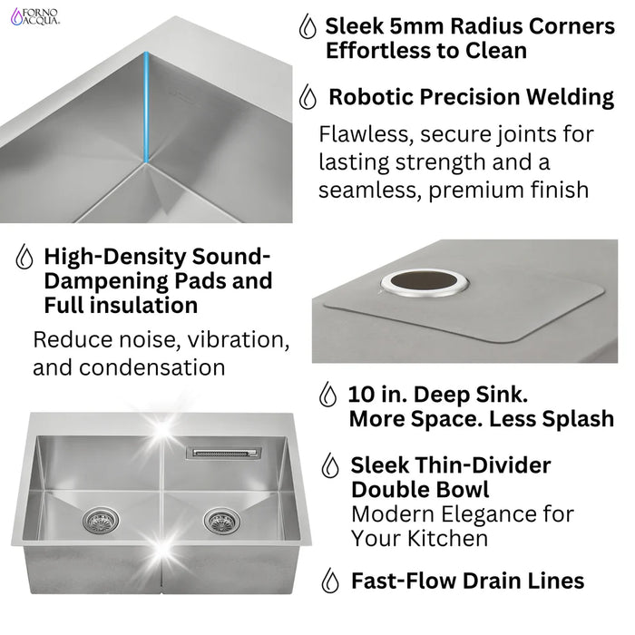 FORNO ACQUA 33" Drop-In/Undermount Stainless Steel Sink Faucet & Waterfall G-ZN30