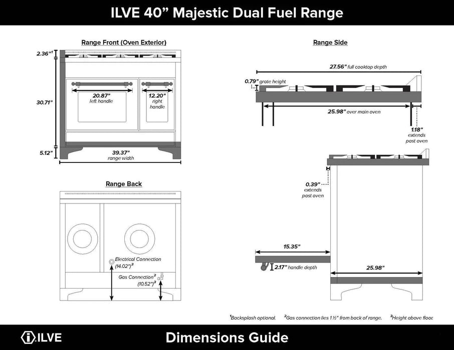 ILVE Majestic II 40" Liquid Propane Dual Fuel Range Burgundy Chrome Trim UMD10FDNS3BUCLP