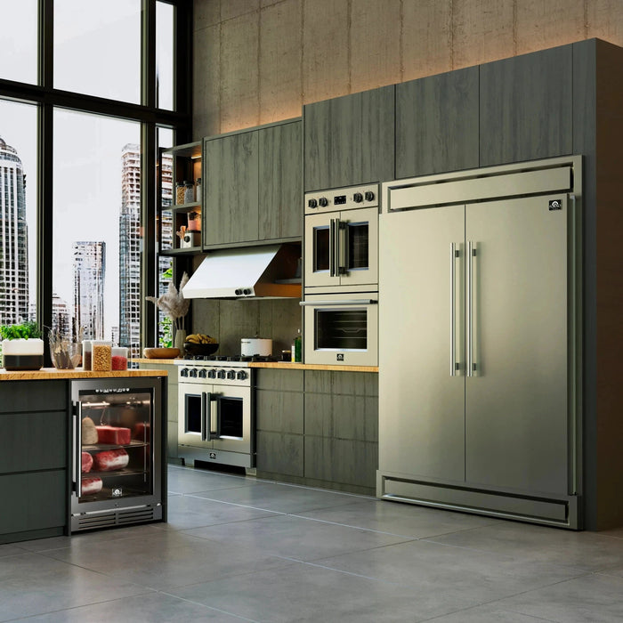 Forno Appliance Package - 48" Gas Range, Wall Mount Range Hood, 60" Refrigerator with Modern Grill Trim FBDL-019-07CAUS