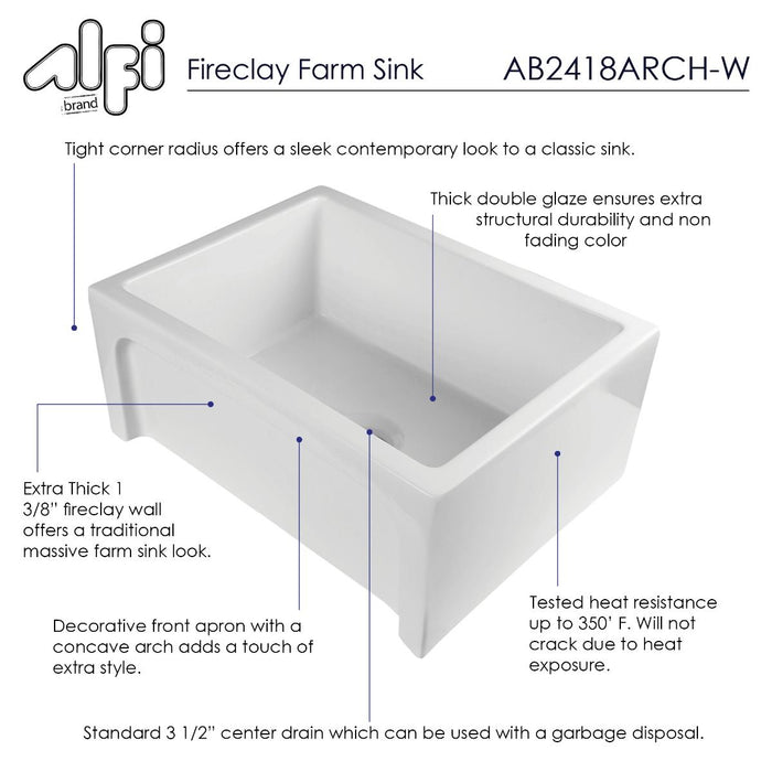 ALFI brand 24" Arched Apron Thick Wall Fireclay Farm Sink AB2418ARCH-W