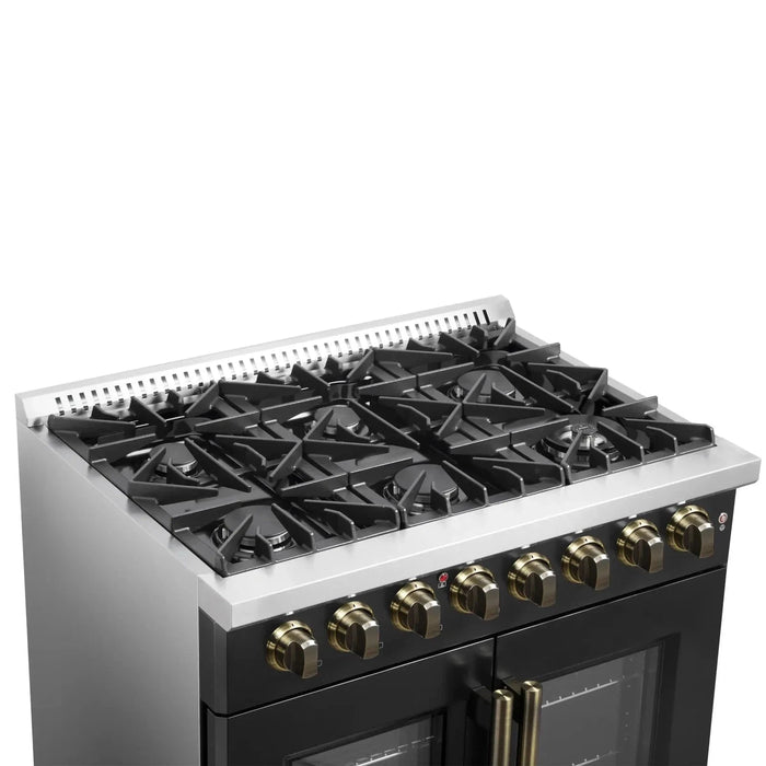 Forno Galiano 36"French DoorDual Fuel Range, Gas Stove, Electric Oven Black, Antique Brass Trim, FFSGS6356-36BLK
