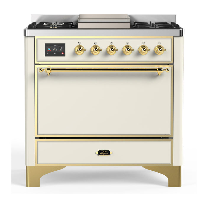 ILVE Majestic III 36" Dual Fuel, Range, Antique White, Burnished Trim UM36FQNR3AWB