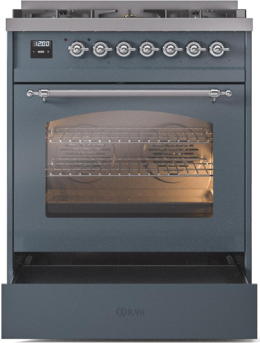 ILVE Nostalgie II 30 Inch Dual Fuel Natural Gas Freestanding Range in Blue Grey with Chrome Trim UP30NMPBGC - Farmhouse Kitchen and Bath