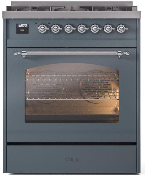 ILVE Nostalgie II 30 Inch Dual Fuel Natural Gas Freestanding Range in Blue Grey with Chrome Trim UP30NMPBGC