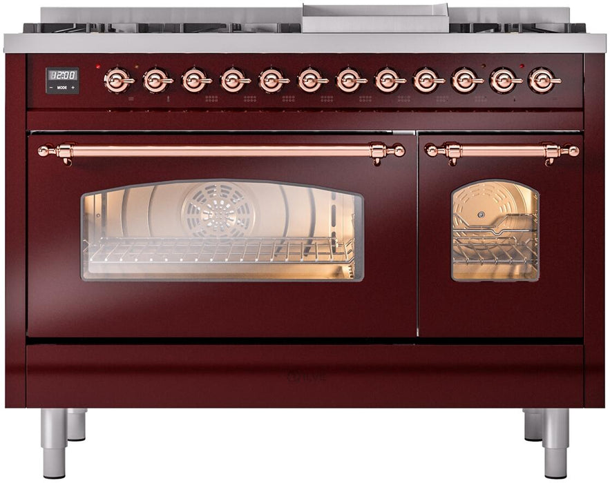 ILVE Nostalgie II 48" Dual Fuel Liquid Propane Range, Burgundy, Copper Trim ILVE UP48FNMPBUPLP ILVE