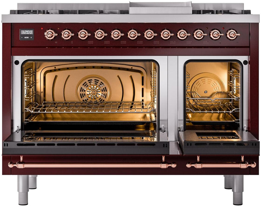 ILVE Nostalgie II 48" Dual Fuel Liquid Propane Range, Burgundy, Copper Trim ILVE UP48FNMPBUPLP ILVE