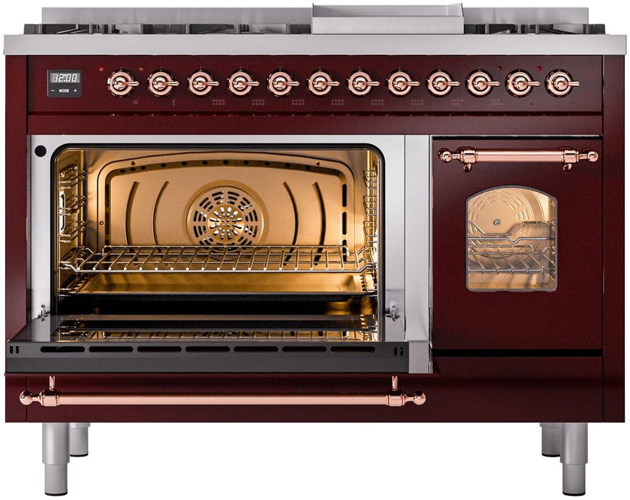 ILVE Nostalgie II 48" Dual Fuel Liquid Propane Range, Burgundy, Copper Trim ILVE UP48FNMPBUPLP ILVE