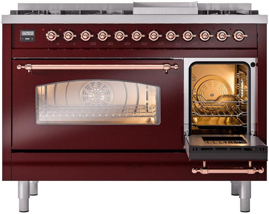 ILVE Nostalgie II 48" Dual Fuel Liquid Propane Range, Burgundy, Copper Trim ILVE UP48FNMPBUPLP ILVE