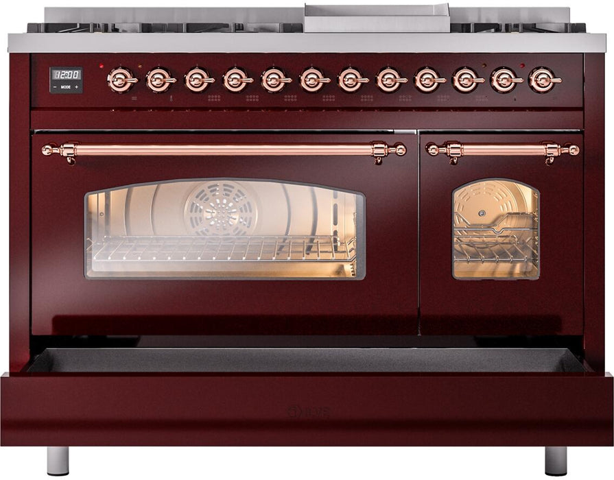 ILVE Nostalgie II 48" Dual Fuel Liquid Propane Range, Burgundy, Copper Trim ILVE UP48FNMPBUPLP ILVE