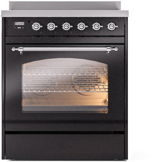 ILVE Nostalgie II 30" Electric Range, Glossy Black, Chrome Trim UPI304NMPBKC ILVE