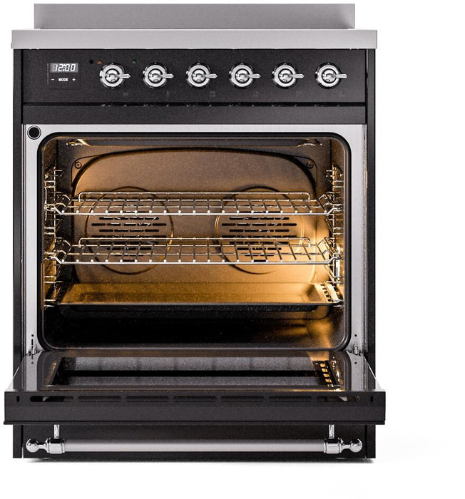 ILVE Nostalgie II 30" Electric Range, Glossy Black, Chrome Trim UPI304NMPBKC ILVE