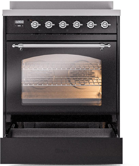 ILVE Nostalgie II 30" Electric Range, Glossy Black, Chrome Trim UPI304NMPBKC ILVE