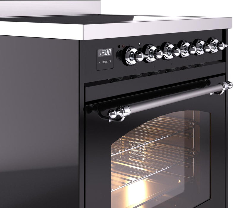 ILVE Nostalgie II 30" Electric Range, Glossy Black, Chrome Trim UPI304NMPBKC ILVE