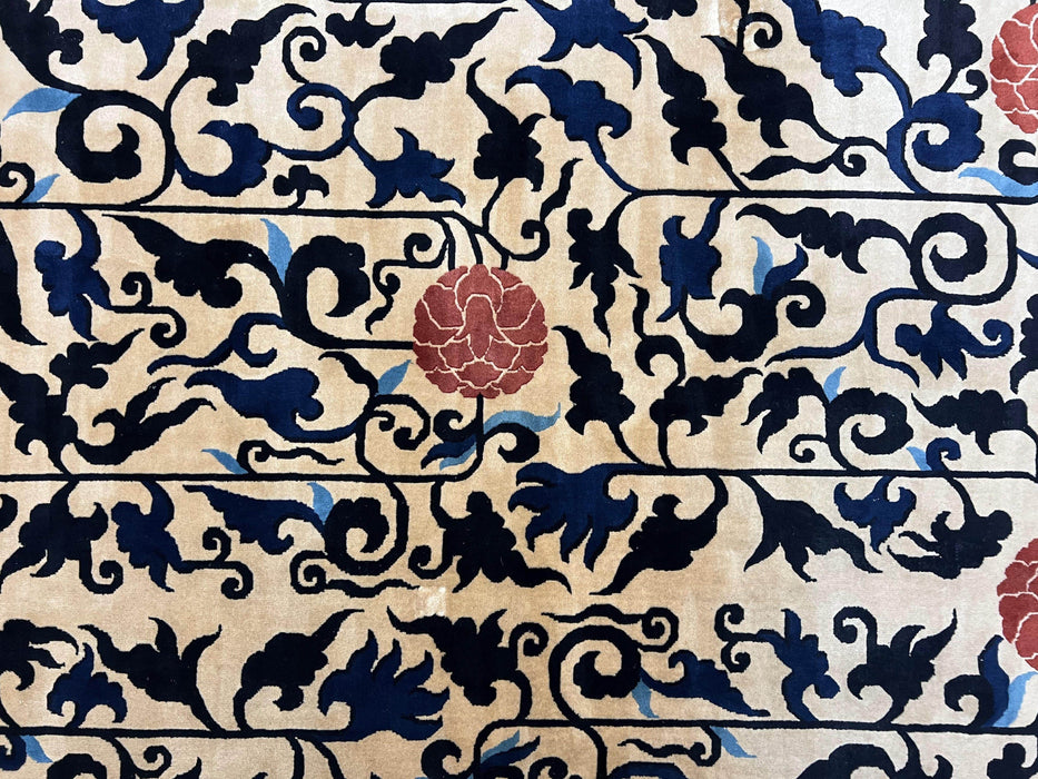 10x14 Chinese Peking Rug, Allover Pattern, Beige Black Blue Red, Handmade Hand Knotted Vintage 1940s Antique Living Room Chinese Carpet Nice