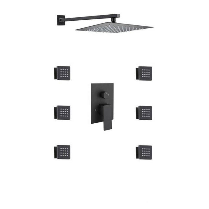 8 inch matte black rain shower system 2 way rough in valve with trim and 6 body jets
