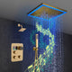 12-Inch Brushed Gold Flush Mount Shower Faucet Set: 3-Way Thermostatic Control, 64-Color LED Lights, Bluetooth Music, and Regular Head