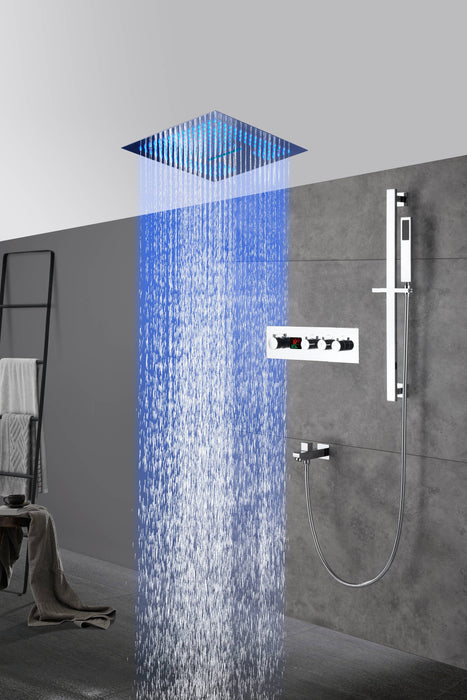 16-Inch Chrome Digital Thermostatic Shower System: 3-Way Control, Flush-Mounted, 64-Color LED Lighting, Bluetooth Music, Rainfall & Waterfall Features