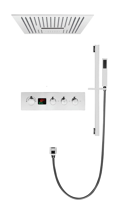 16-Inch Chrome Digital Thermostatic Shower System: 3-Way Control, Flush-Mounted, 64-Color LED Lighting, Bluetooth Music, Rainfall & Waterfall Features