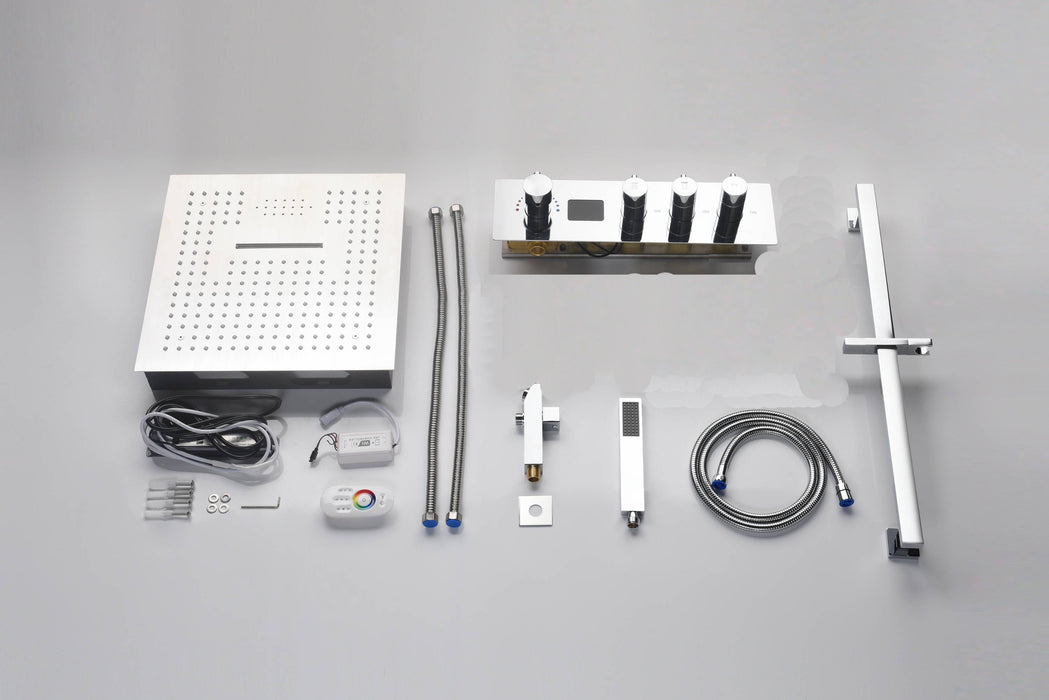 16-Inch Chrome Digital Thermostatic Shower System: 3-Way Control, Flush-Mounted, 64-Color LED Lighting, Bluetooth Music, Rainfall & Waterfall Features