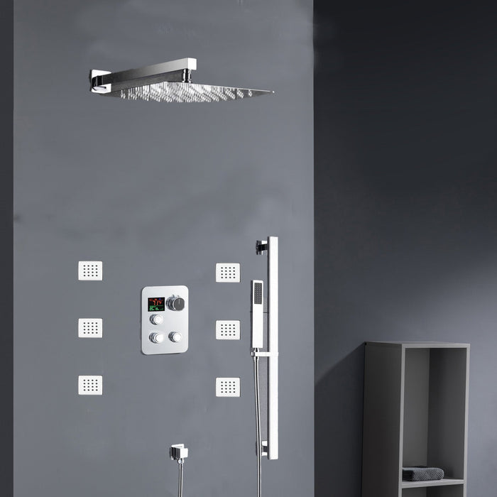 Chrome 12inch LED light or 6 inch regular head Wall mount 3 way thermostatic shower faucet with 6 body jets and sliding bar