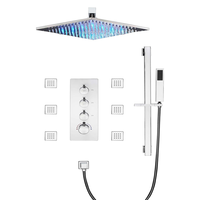 Chrome 12inch LED light ceiling mount 3 way thermostatic shower faucet with 6 body jets and sliding bar