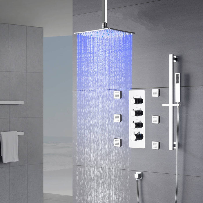 Chrome 12inch LED light ceiling mount 3 way thermostatic shower faucet with 6 body jets and sliding bar