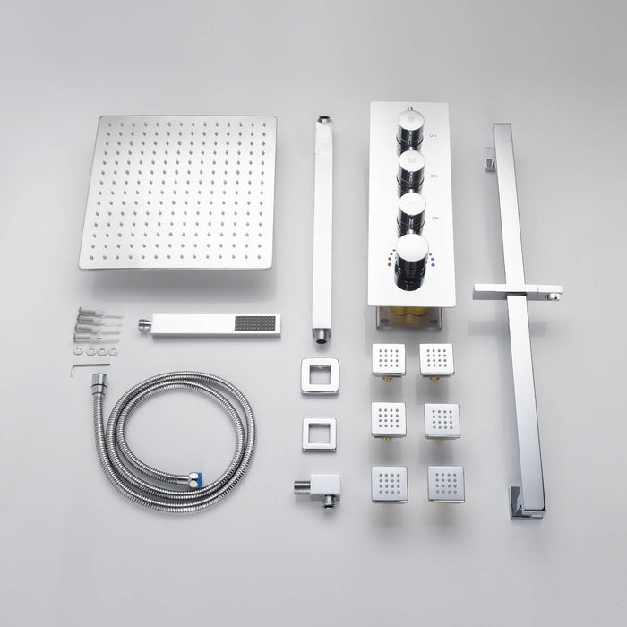 Chrome 12inch LED light ceiling mount 3 way thermostatic shower faucet with 6 body jets and sliding bar