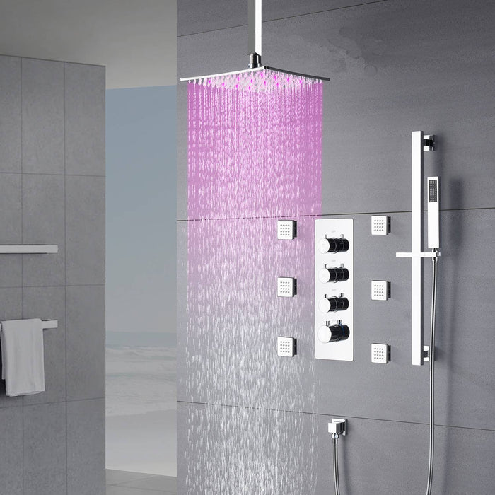 Chrome 12inch LED light ceiling mount 3 way thermostatic shower faucet with 6 body jets and sliding bar