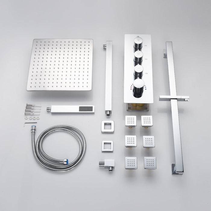 Chrome 12inch LED light Wall mount 3 way thermostatic shower faucet with 6 body jets and sliding bar