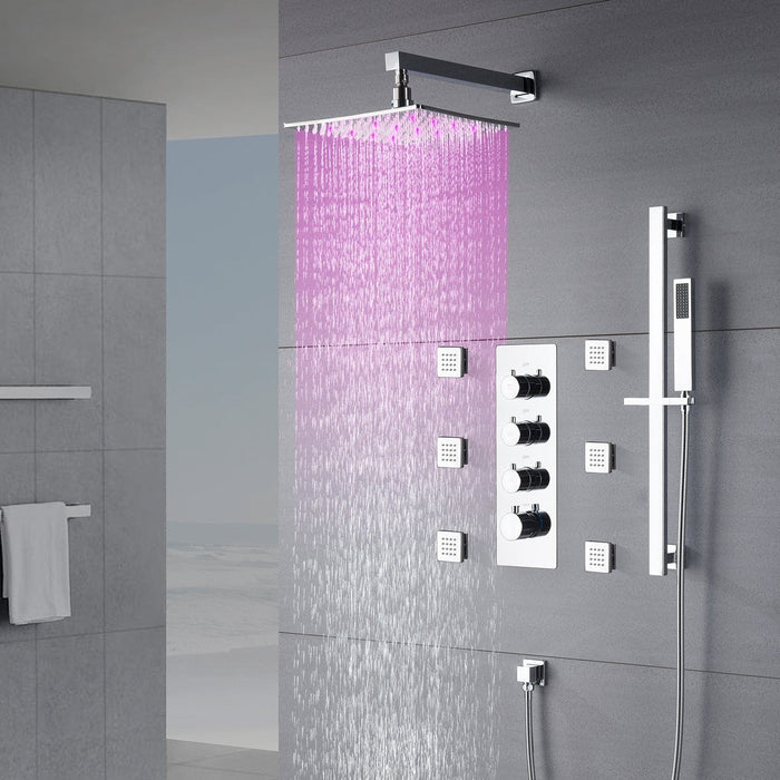 Chrome 12inch LED light Wall mount 3 way thermostatic shower faucet with 6 body jets and sliding bar