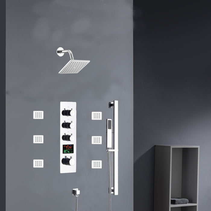 Chrome 12inch LED light or 6 inch regular head Wall mount 3 way thermostatic shower faucet with 6 body jets and sliding bar