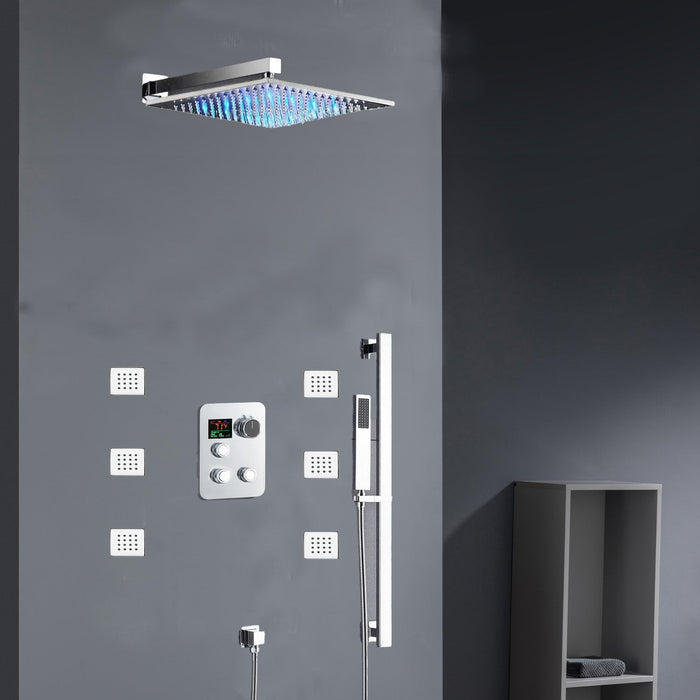Chrome 12inch LED light or 6 inch regular head Wall mount 3 way thermostatic shower faucet with 6 body jets and sliding bar