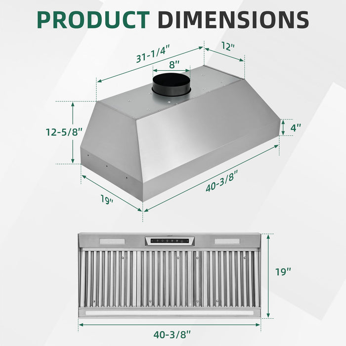 Nauxus 42" Built-In Range Hood Insert – 1200 CFM Stainless Steel Hood with Touch & Gesture Control, 3CCT LED & LED Night Lights