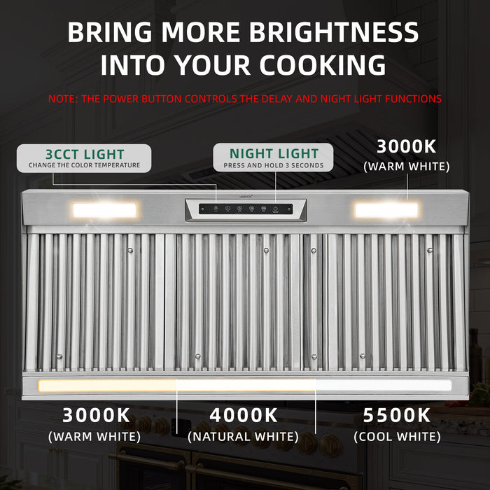 Nauxus 42" Built-In Range Hood Insert – 1200 CFM Stainless Steel Hood with Touch & Gesture Control, 3CCT LED & LED Night Lights