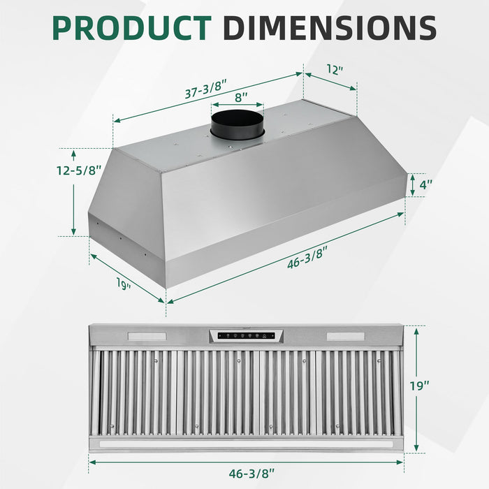 Nauxus 48" Built-In Range Hood Insert – 1200 CFM Stainless Steel Hood with Touch & Gesture Control, 3CCT LED & LED Night Lights