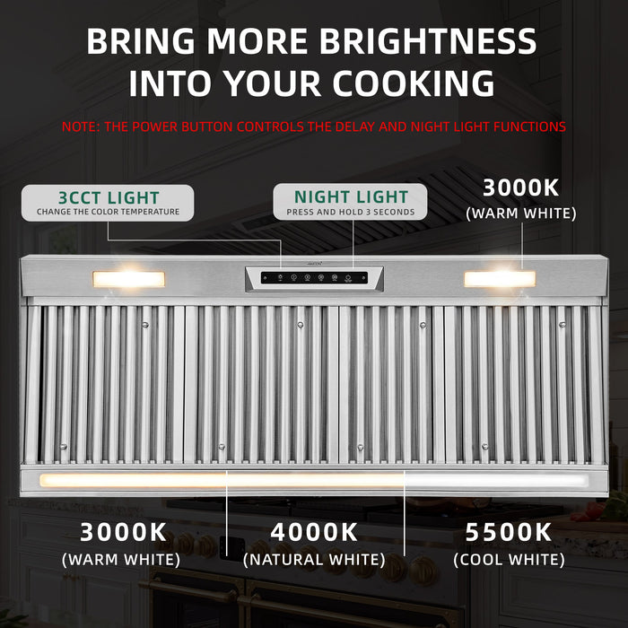 Nauxus 48" Built-In Range Hood Insert – 1200 CFM Stainless Steel Hood with Touch & Gesture Control, 3CCT LED & LED Night Lights