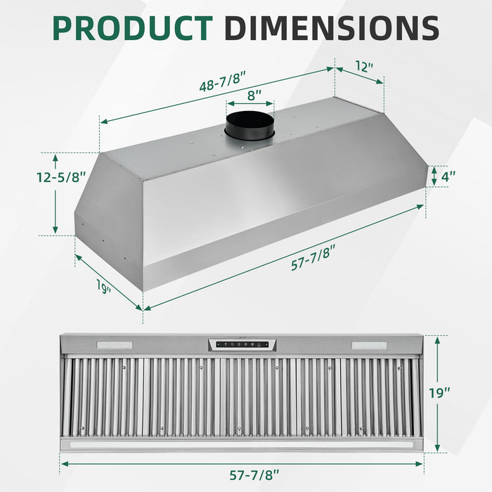 Nauxus 60" Built-In Range Hood Insert – 1200 CFM Stainless Steel Hood with Touch & Gesture Control, 3CCT LED & LED Night Lights