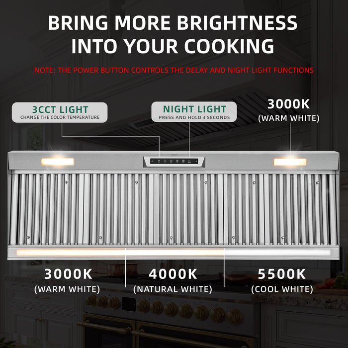 Nauxus 60" Built-In Range Hood Insert – 1200 CFM Stainless Steel Hood with Touch & Gesture Control, 3CCT LED & LED Night Lights