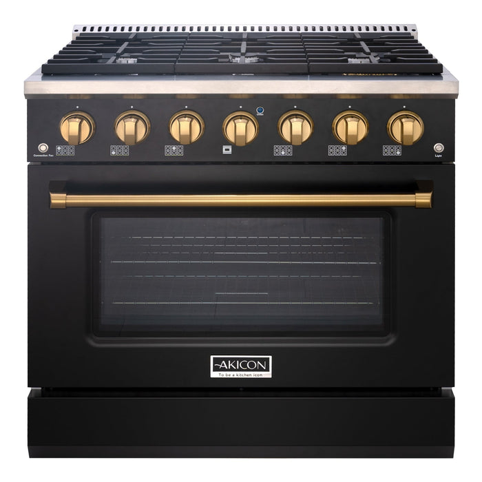 Akicon 36" Stainless Steel Range Hood with 600 CFM Insert & 6-Burner Gas Range Combo – Powerful Ventilation, Convection Oven, Multiple Finishes — AK-HS36H-BS & AK-JK36A1-BS